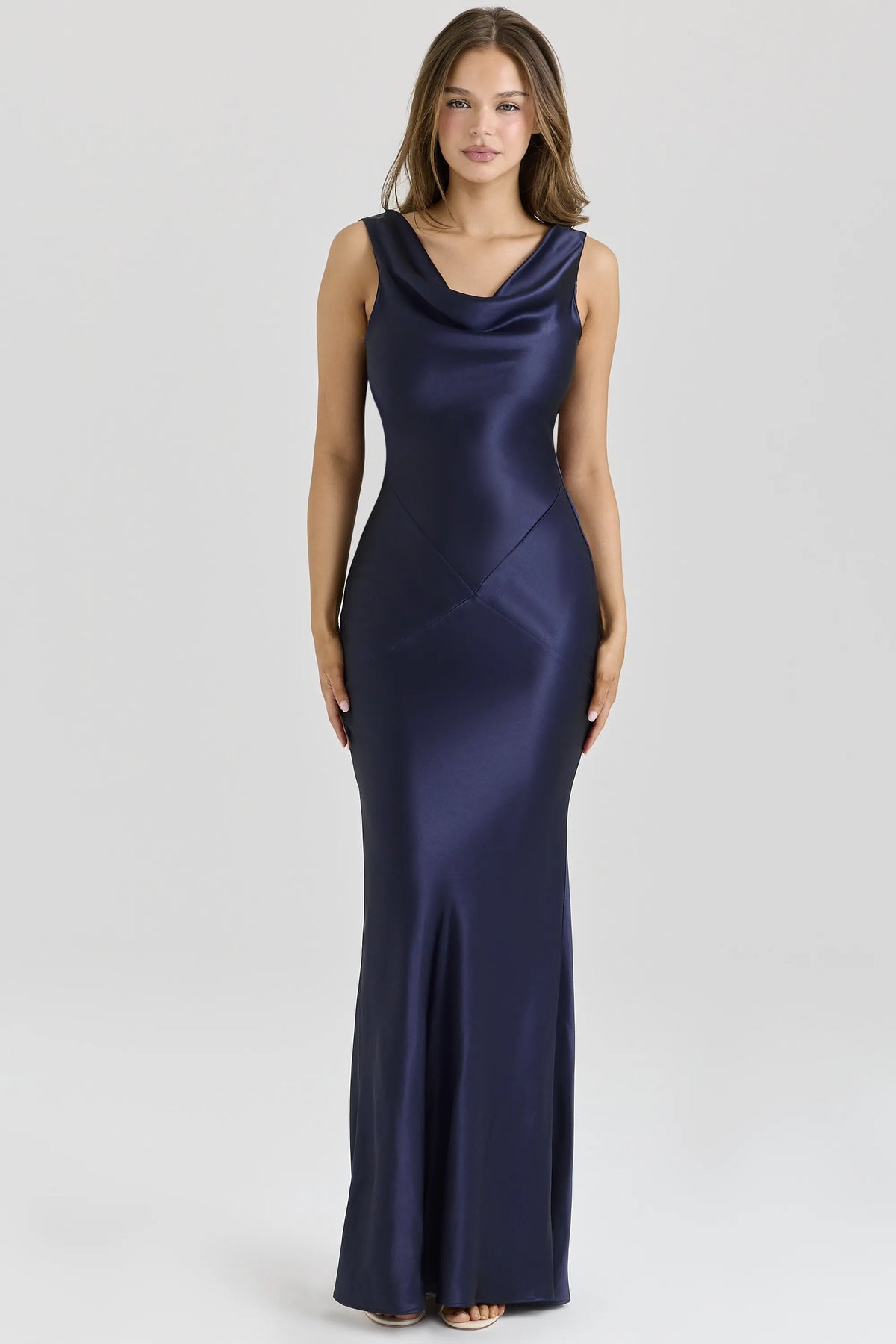 Safaira Navy Satin Draped Cowl Neck Maxi Dress