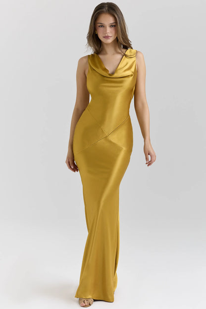 Safaira Amber Satin Draped Cowl Neck Maxi Dress