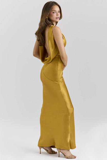 Safaira Amber Satin Draped Cowl Neck Maxi Dress