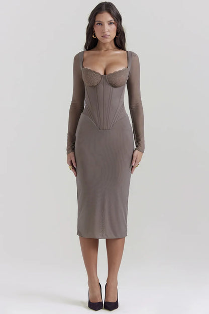 Safran Mocha Corset Midi Dress