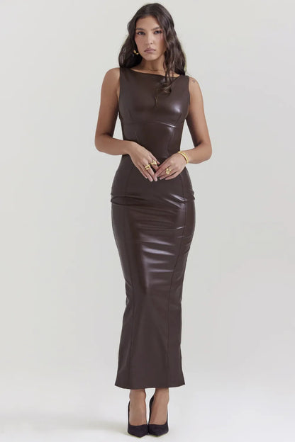 Sahara Cocoa Vegan Leather Maxi Dress