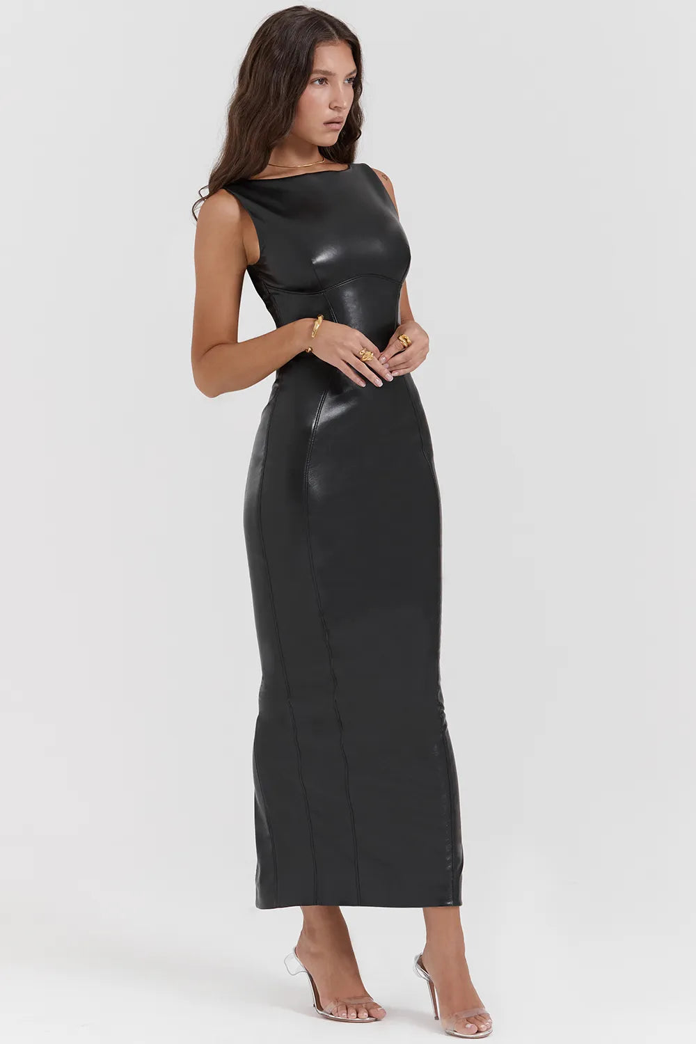 Sahara Black Vegan Leather Maxi Dress