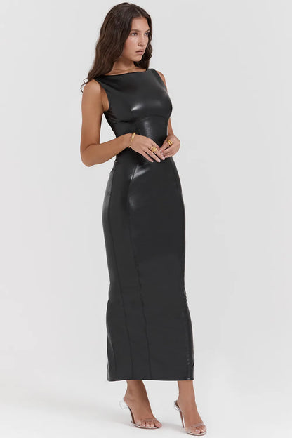 Sahara Black Vegan Leather Maxi Dress