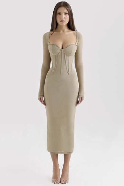 Saisha Beige Mesh Long Sleeve Bodycon Midi Dress