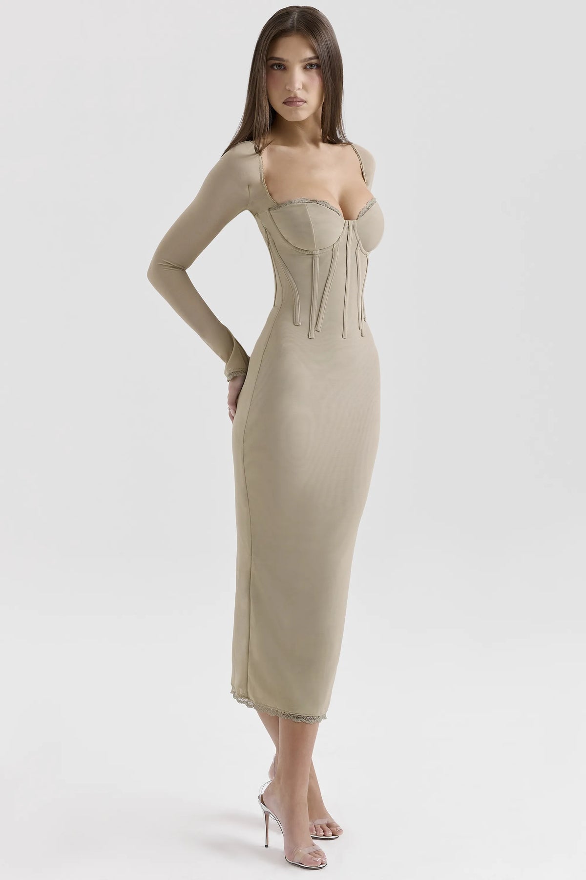 Saisha Beige Mesh Long Sleeve Bodycon Midi Dress