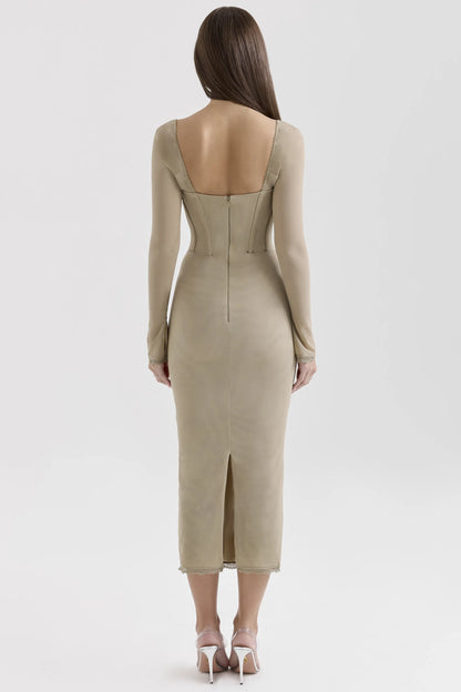 Saisha Beige Mesh Long Sleeve Bodycon Midi Dress