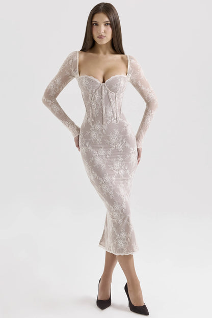 Saisha Ivory Lace Long Sleeve Midi Dress