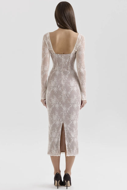 Saisha Ivory Lace Long Sleeve Midi Dress