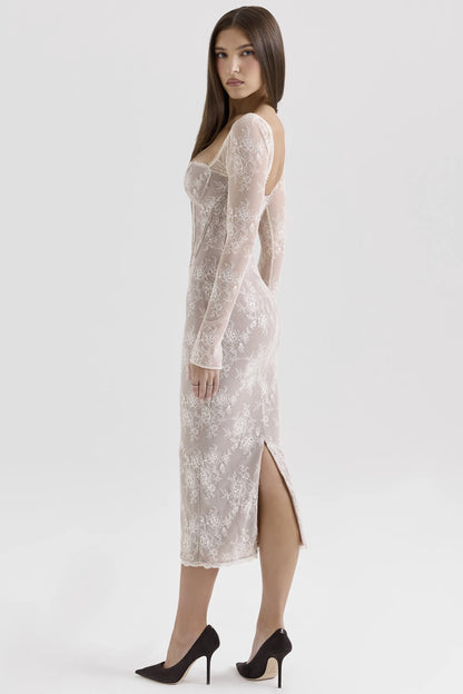 Saisha Ivory Lace Long Sleeve Midi Dress