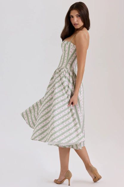 Samaria Sage Striped Floral Print Cotton Midi Dress