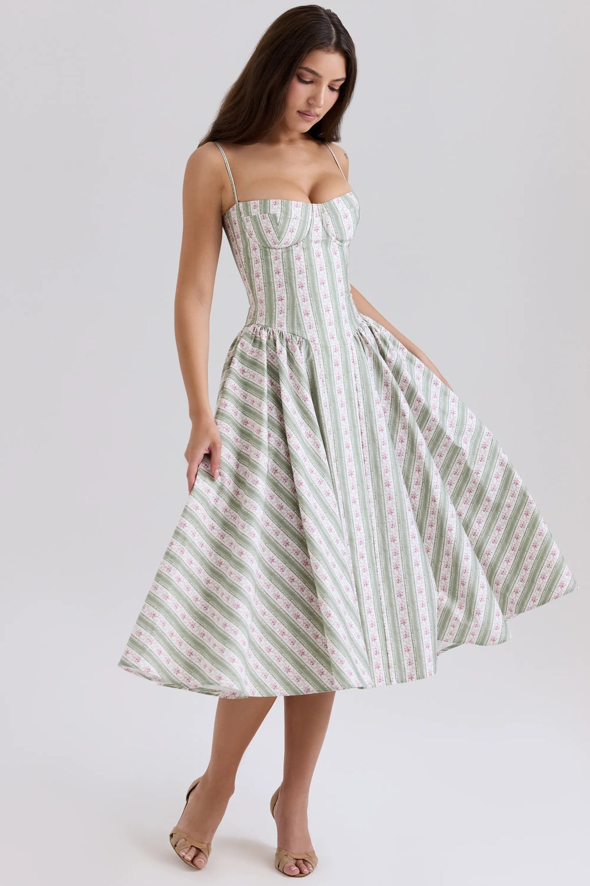 Samaria Sage Striped Floral Print Cotton Midi Dress