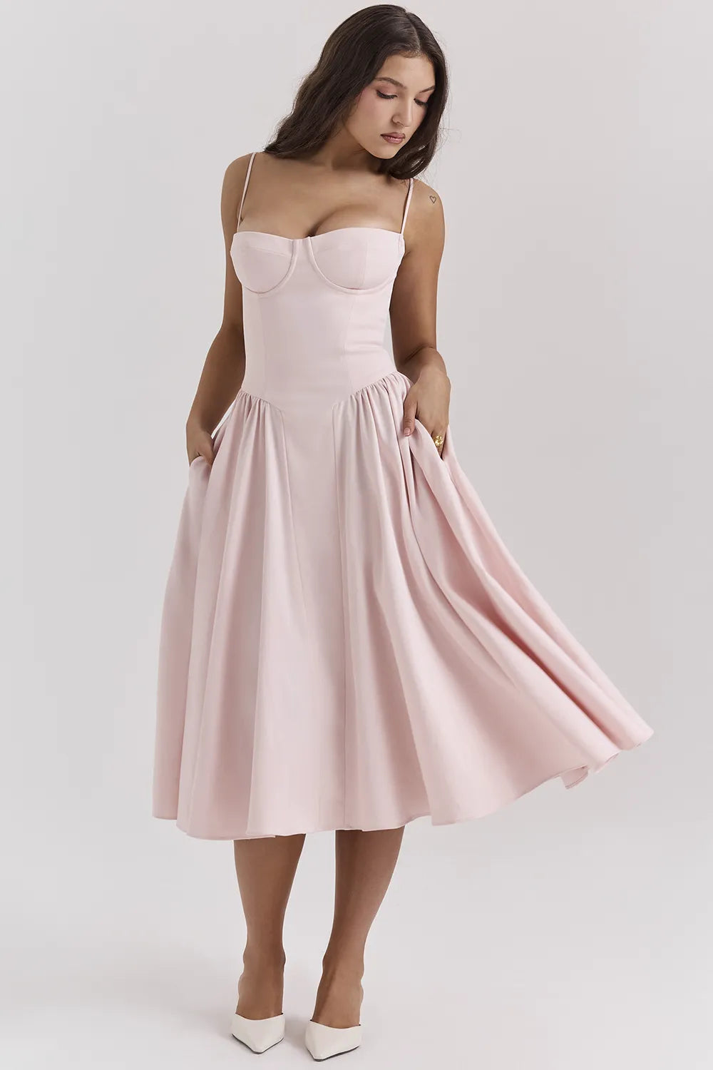 Samaria Ballerina Pink Twill Corset Midi Dress