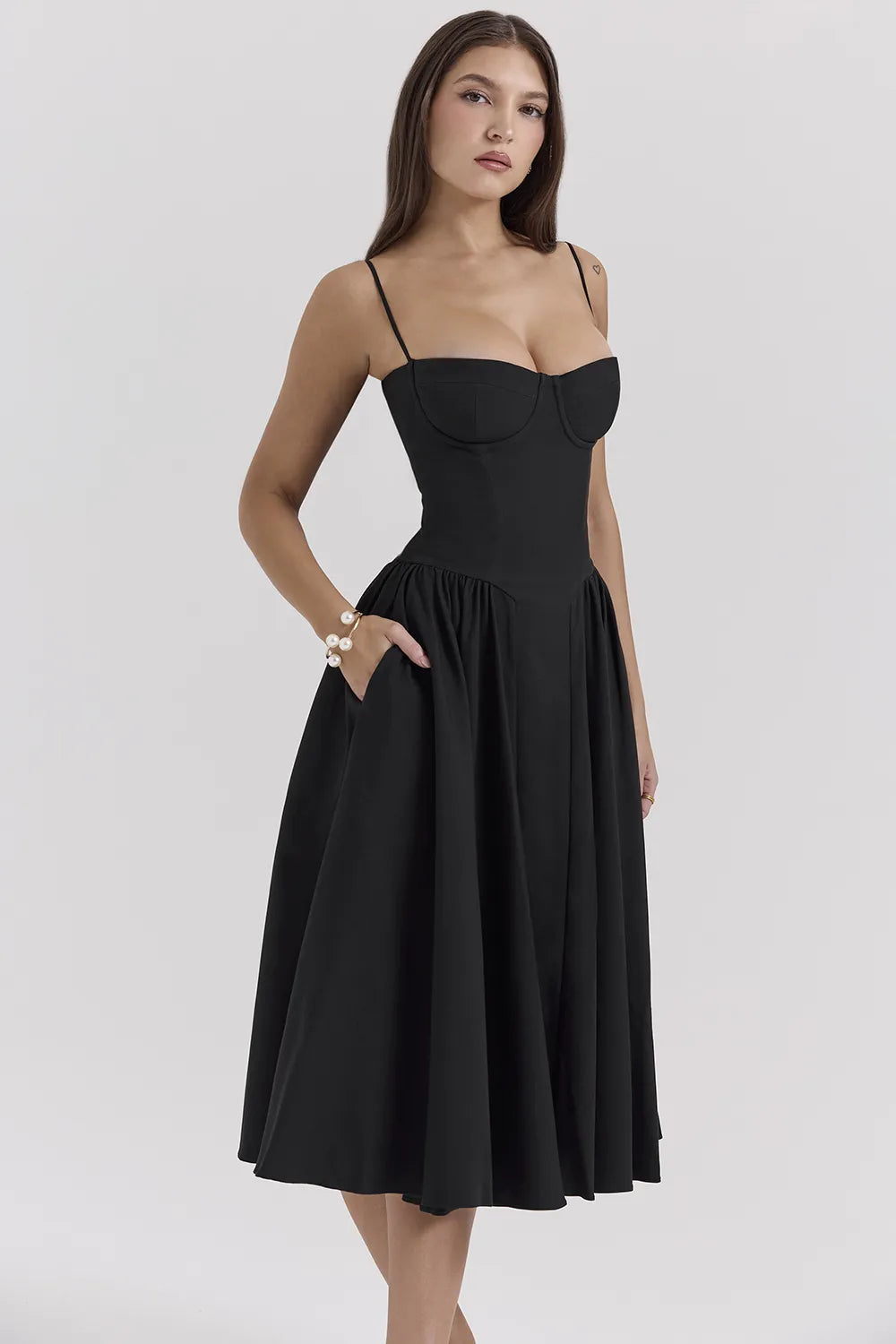Samaria Black Corset Midi Dress