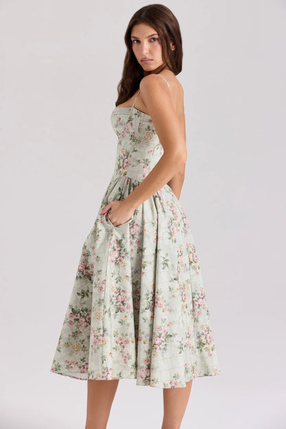 Samaria Sage Floral Print Cotton Midi Dress