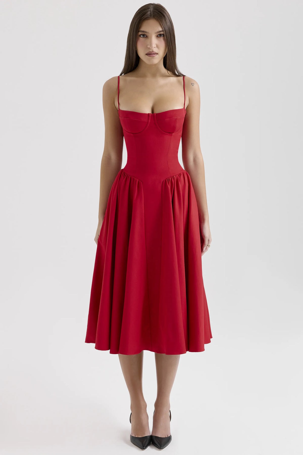 Samaria Red Gathered Midi Dress