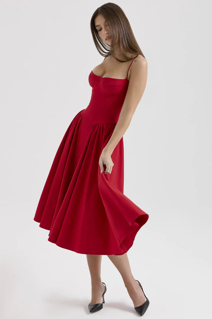 Samaria Red Gathered Midi Dress