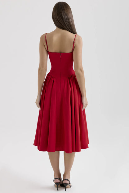 Samaria Red Gathered Midi Dress
