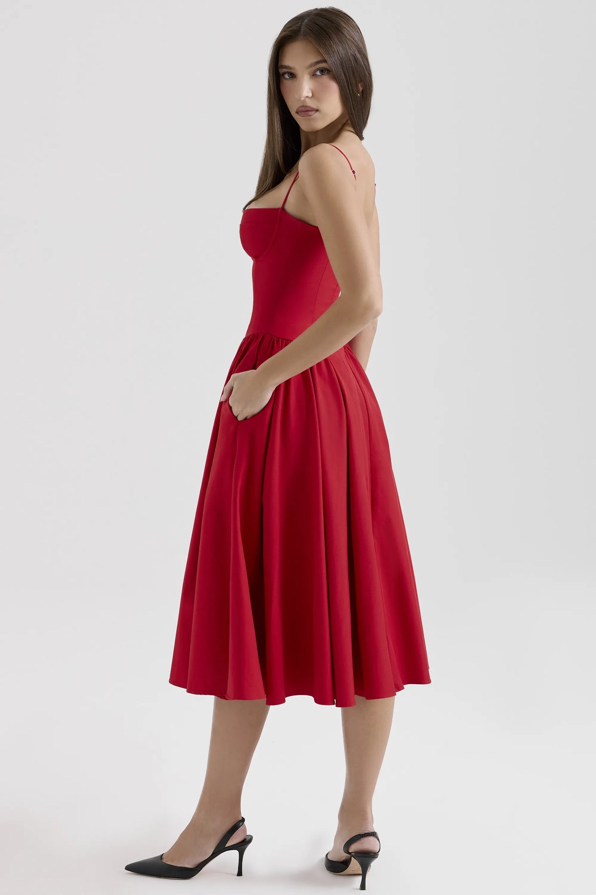 Samaria Red Gathered Midi Dress