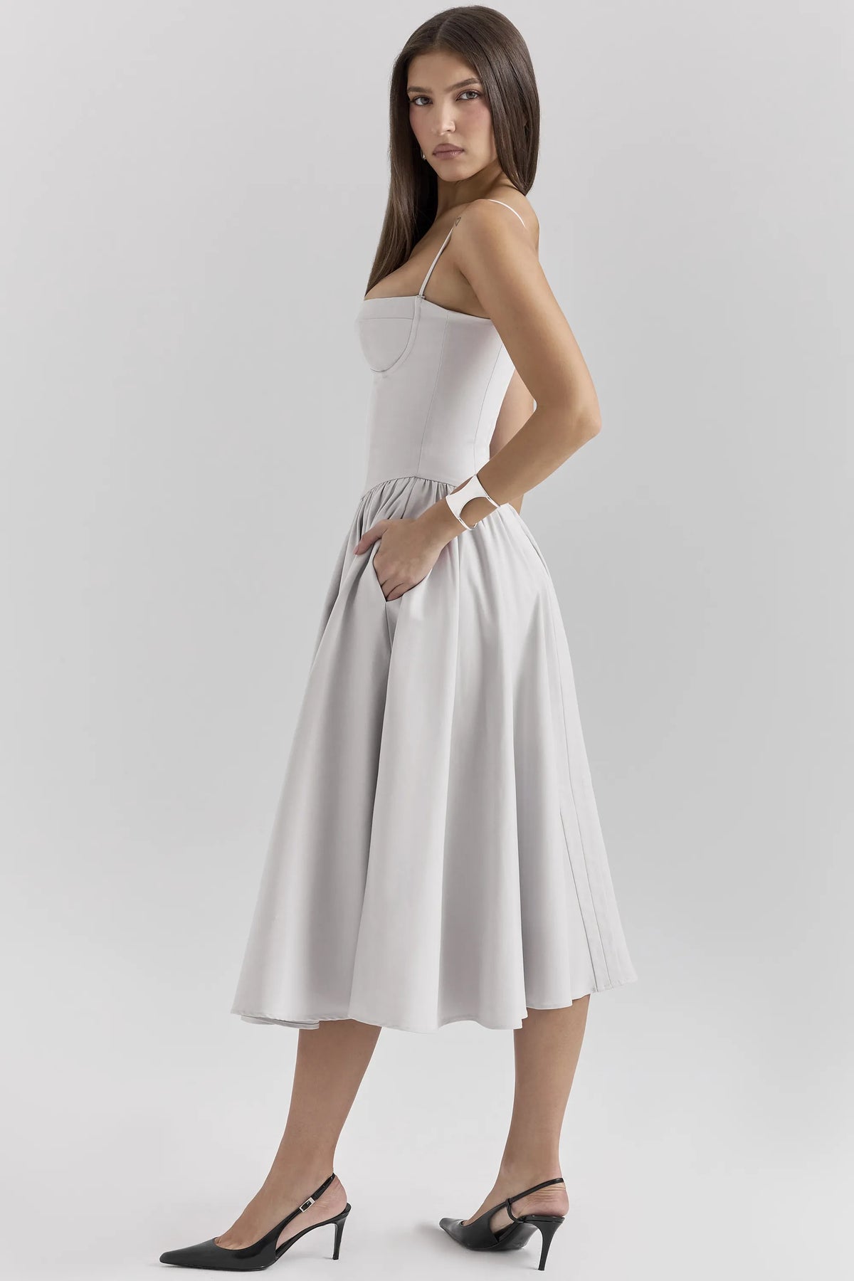 Samaria Dove Grey Corset Midi Dress