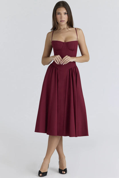 Samaria Wine Corset Midi Dress