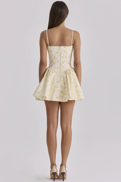 Samaria Lemon Floral Print Cotton Corset Mini Dress
