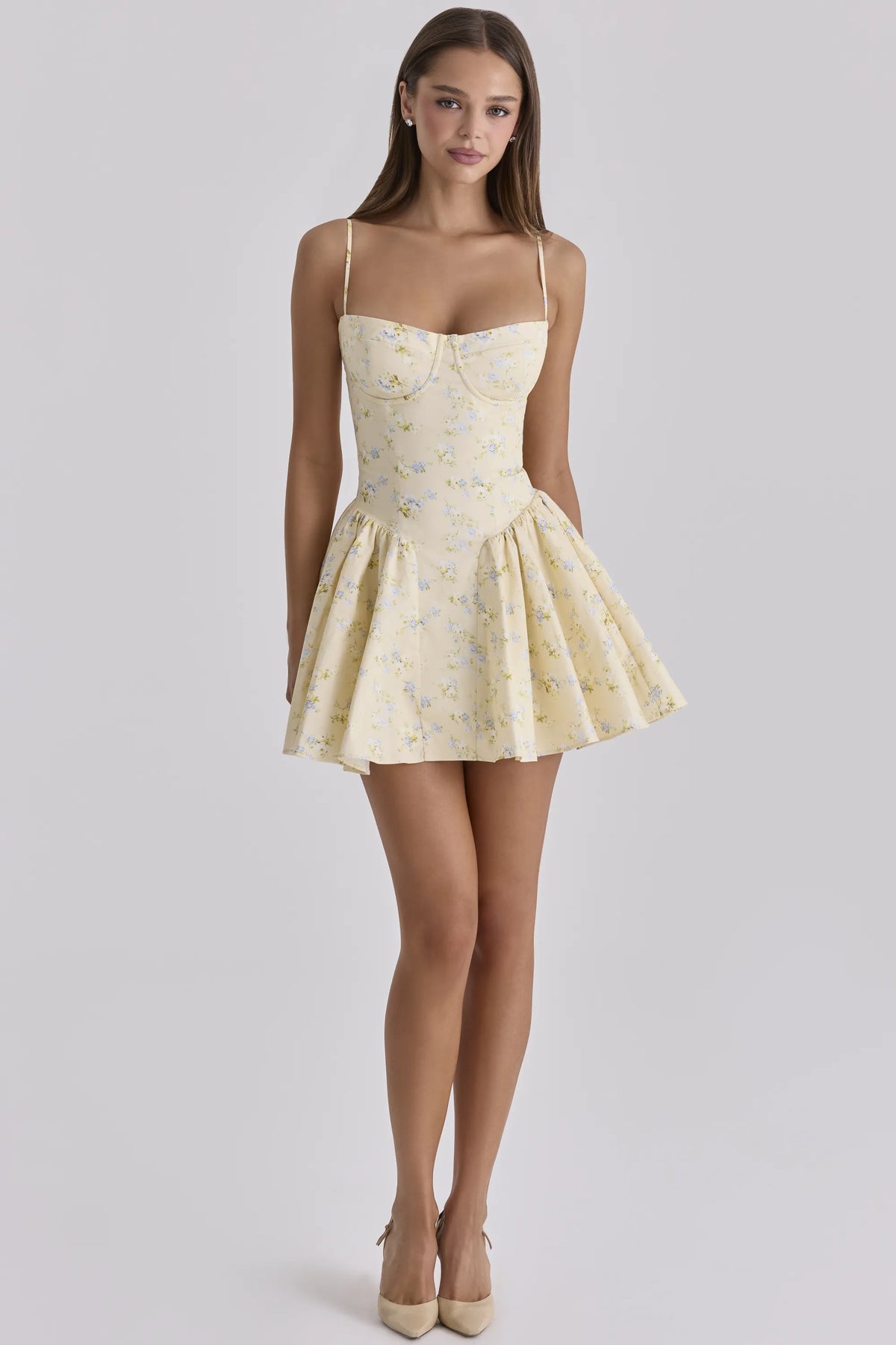 Samaria Lemon Floral Print Cotton Corset Mini Dress