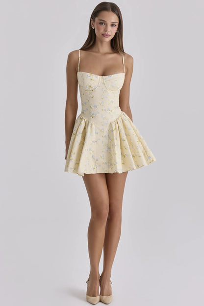 Samaria Lemon Floral Print Cotton Corset Mini Dress