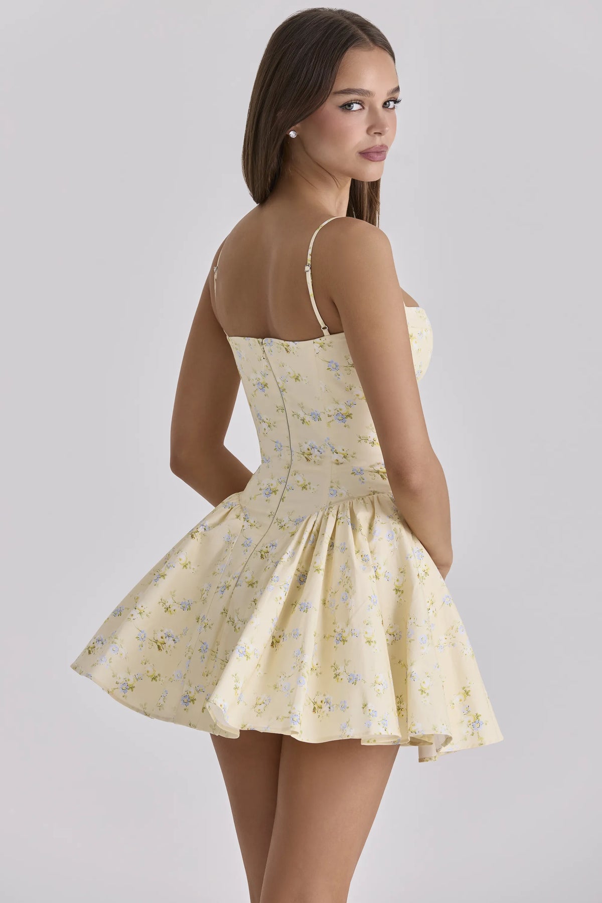 Samaria Lemon Floral Print Cotton Corset Mini Dress