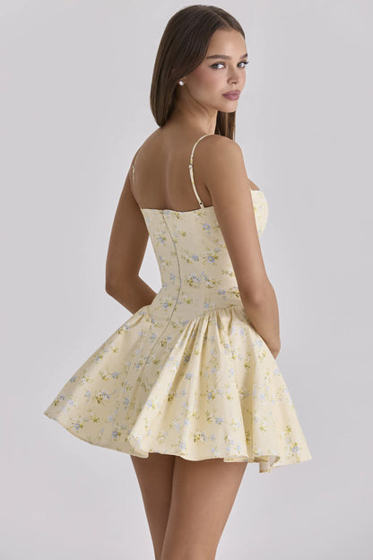 Samaria Lemon Floral Print Cotton Corset Mini Dress
