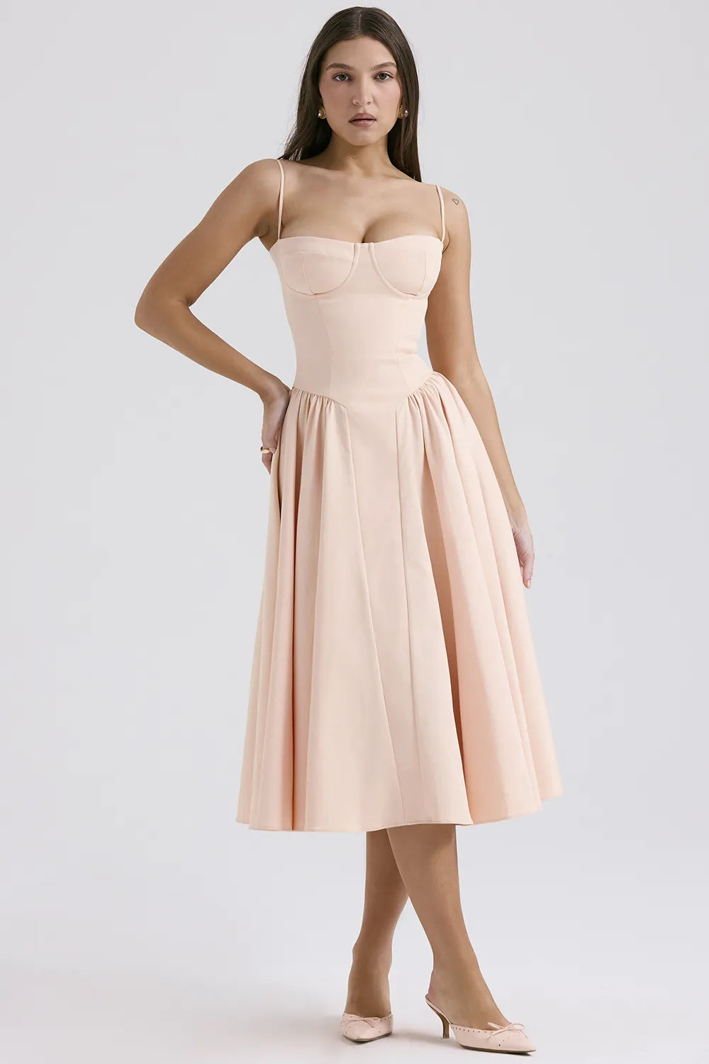 Samaria Peach Parfait Twill Corset Midi Dress