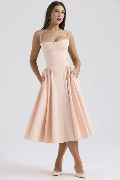 Samaria Peach Parfait Twill Corset Midi Dress