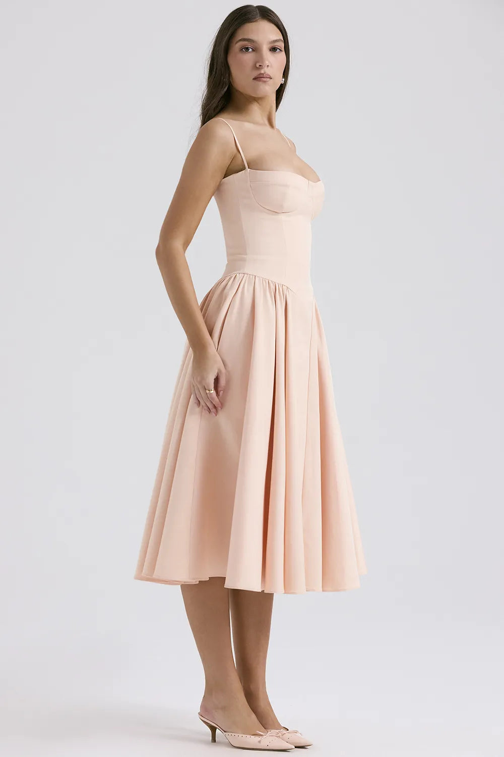 Samaria Peach Parfait Twill Corset Midi Dress