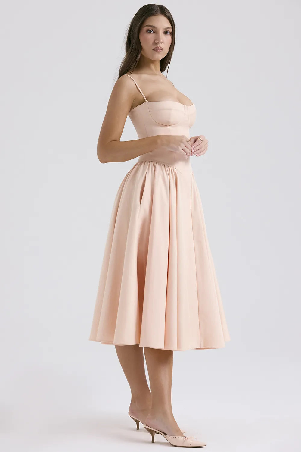 Samaria Peach Parfait Twill Corset Midi Dress