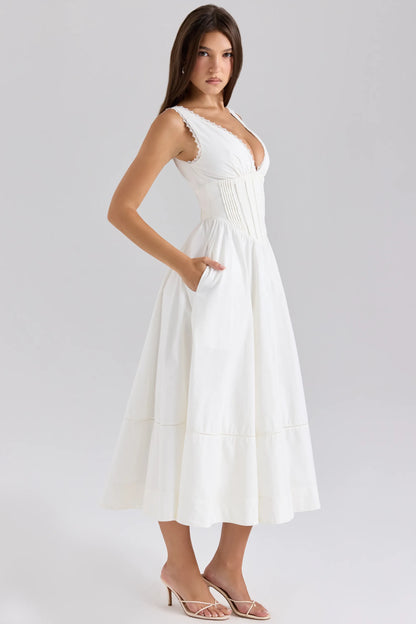 Samia White Stretch Cotton Midi Sundress