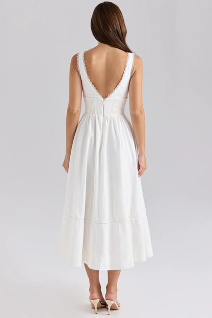 Samia White Stretch Cotton Midi Sundress