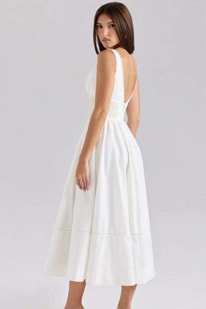 Samia White Stretch Cotton Midi Sundress