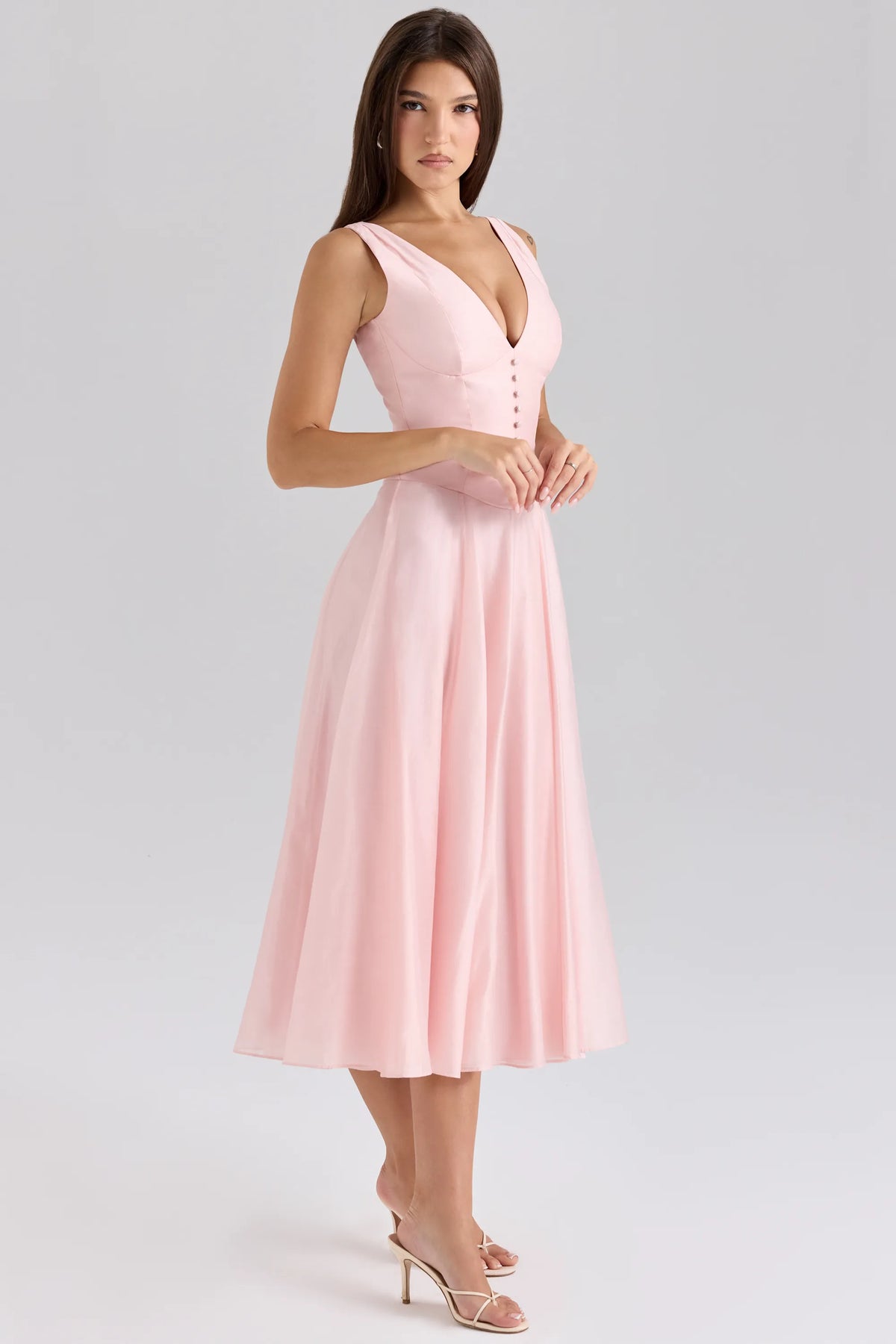 Samira Pink Chiffon Button Midi Dress