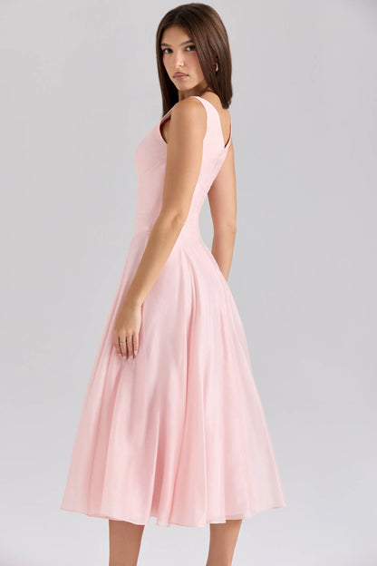 Samira Pink Chiffon Button Midi Dress