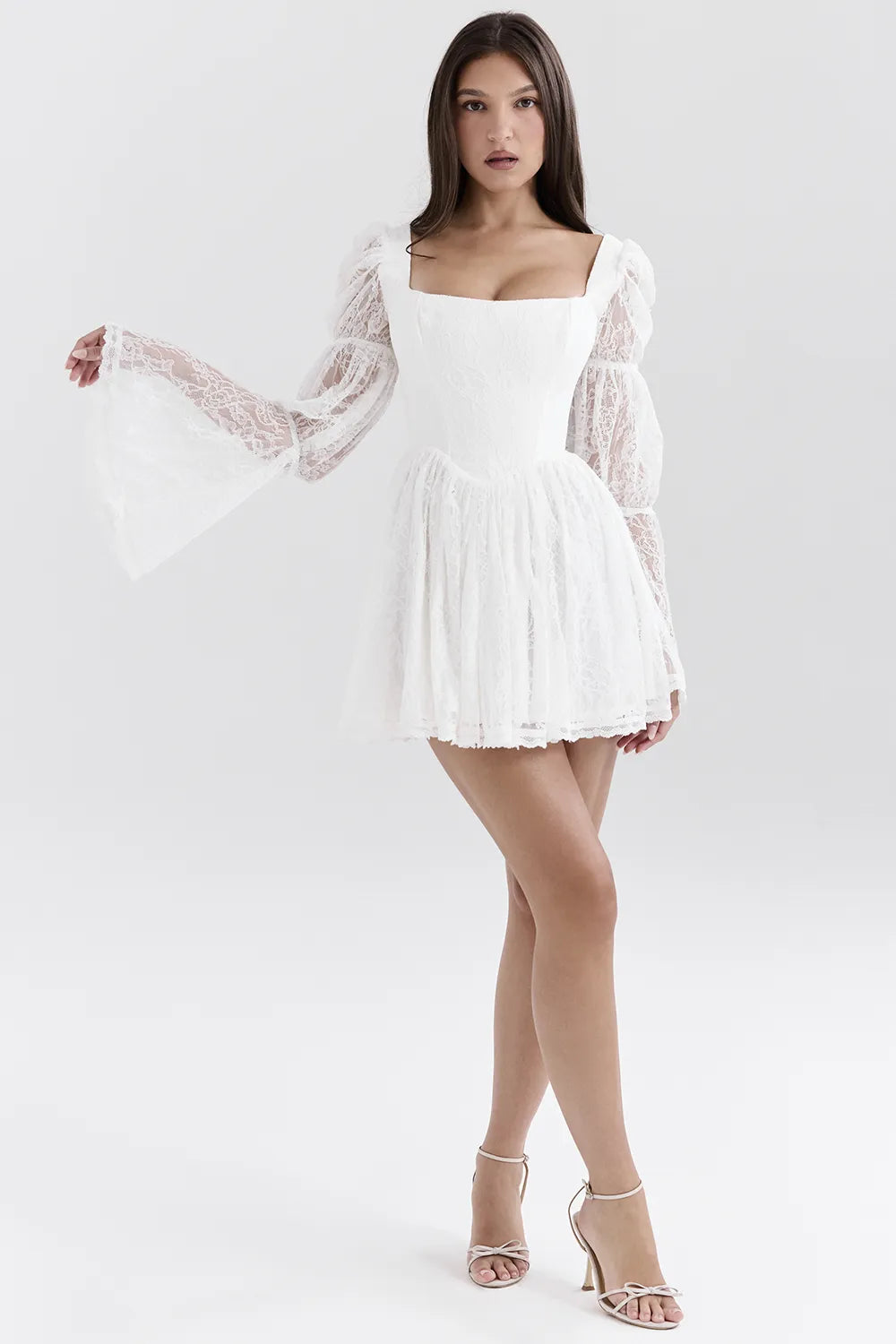 Sancia White Lace Puff Sleeve Mini Dress