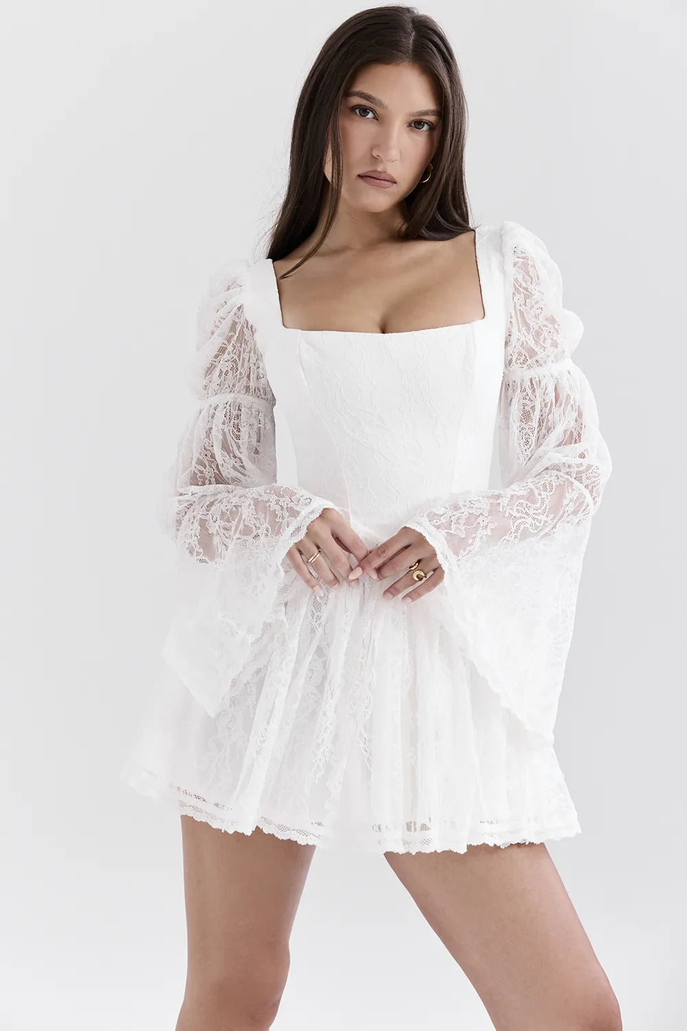Sancia White Lace Puff Sleeve Mini Dress