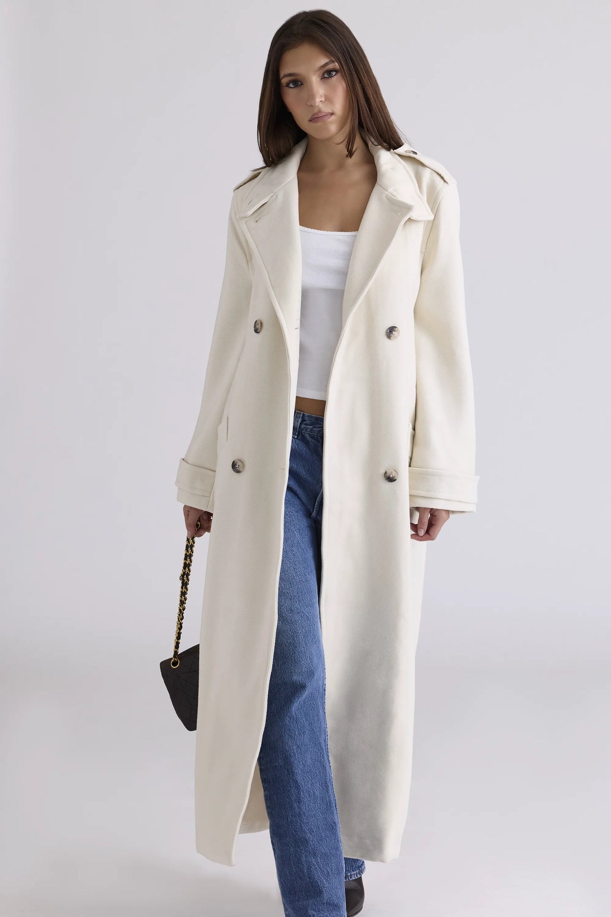Sander Cream Double Breasted Funnel Neck Coat
