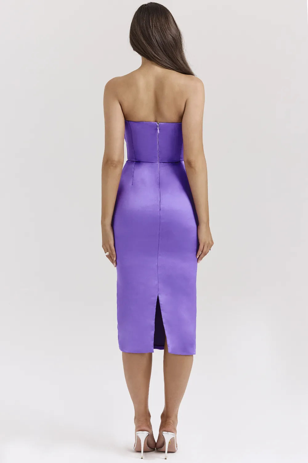 Santana Violet Satin Strapless Corset Midi Dress