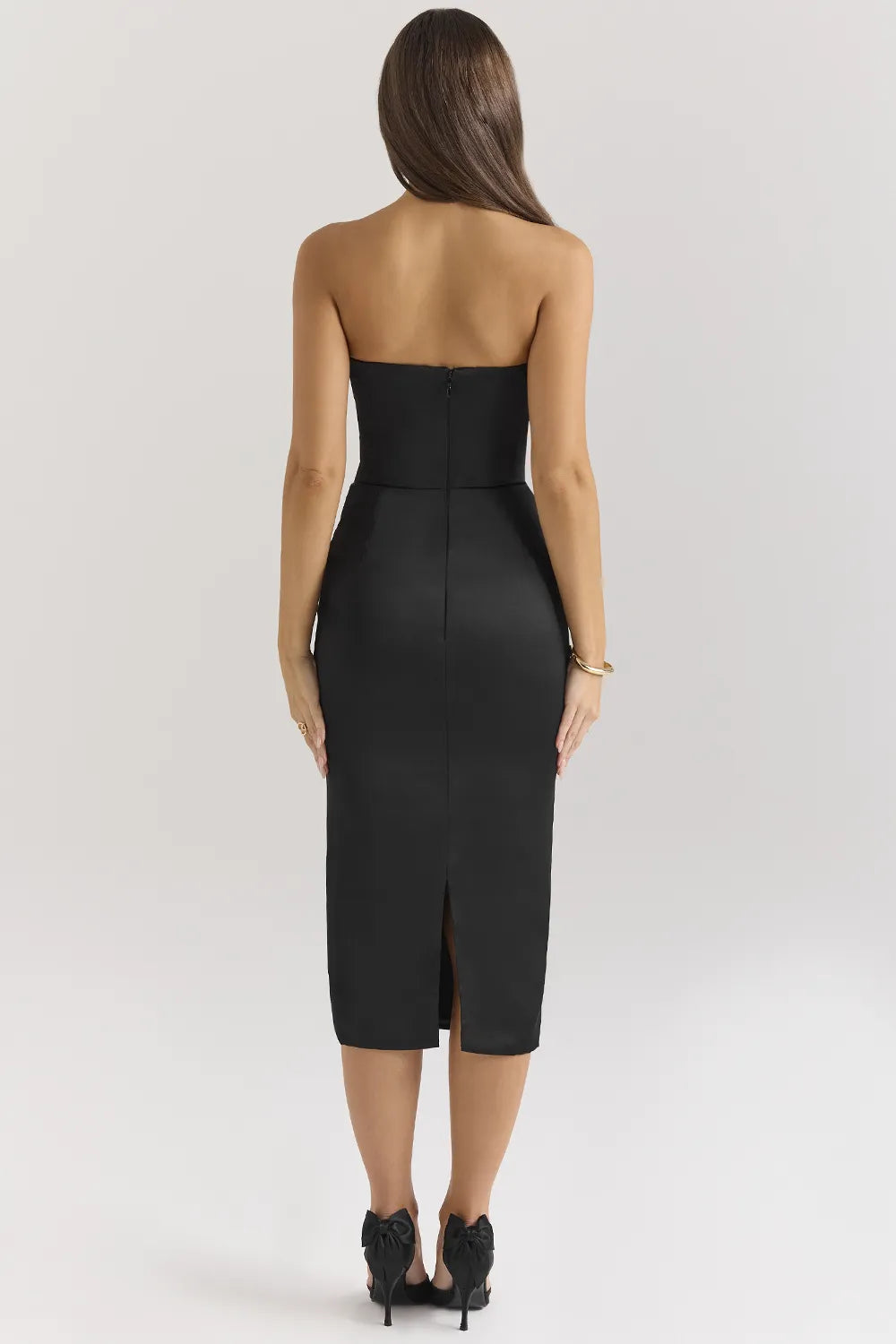 Santana Black Satin Strapless Midi Dress