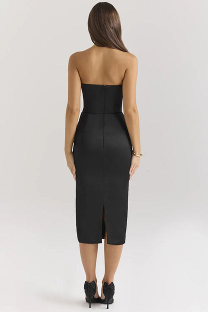 Santana Black Satin Strapless Midi Dress