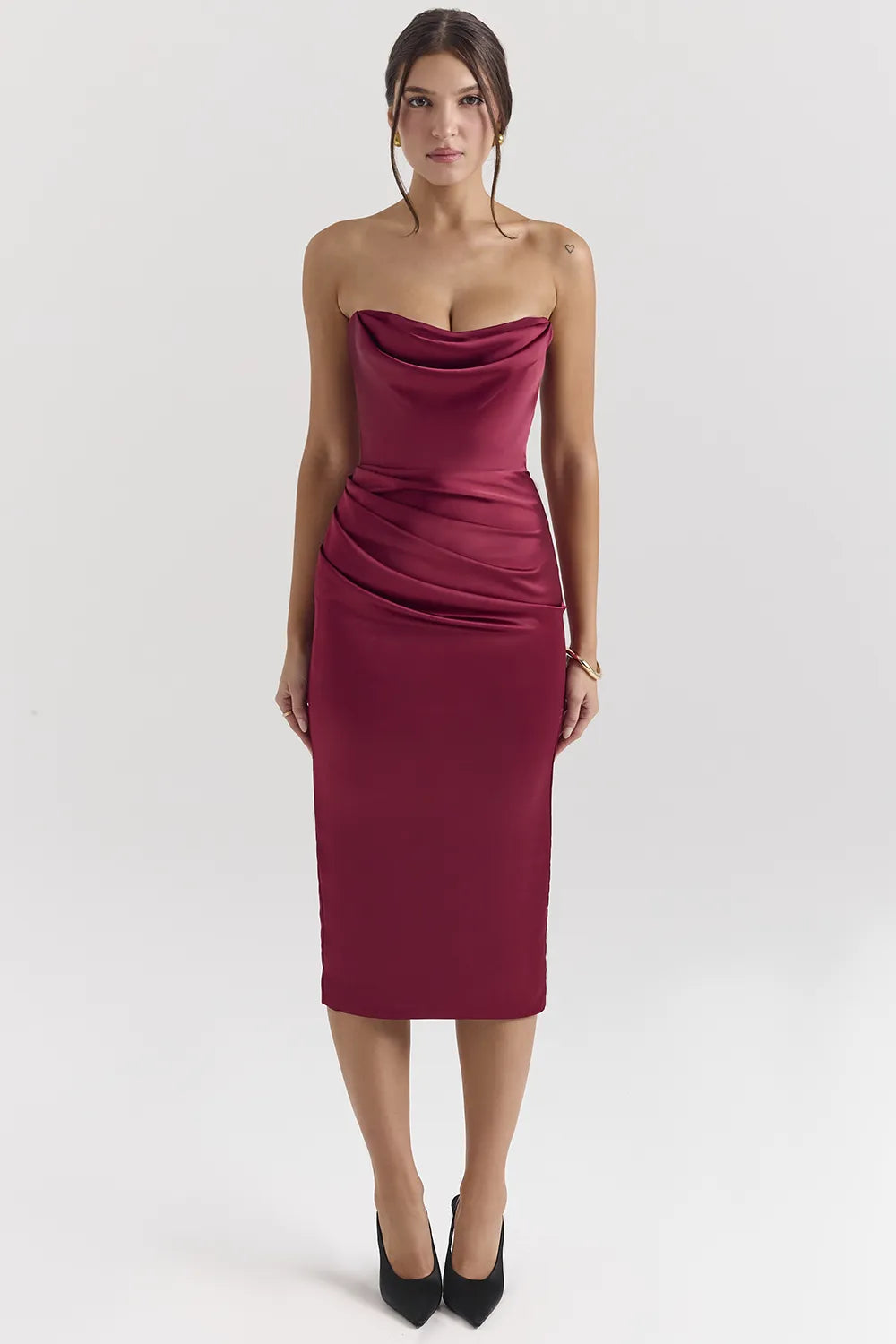 Santana Berry Satin Strapless Midi Dress