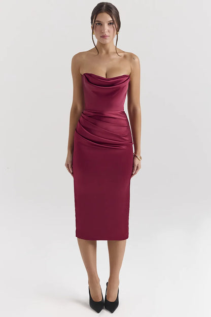 Santana Berry Satin Strapless Midi Dress