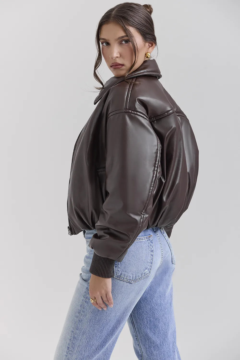 Sante Dark Brown Vegan Leather Bomber Jacket