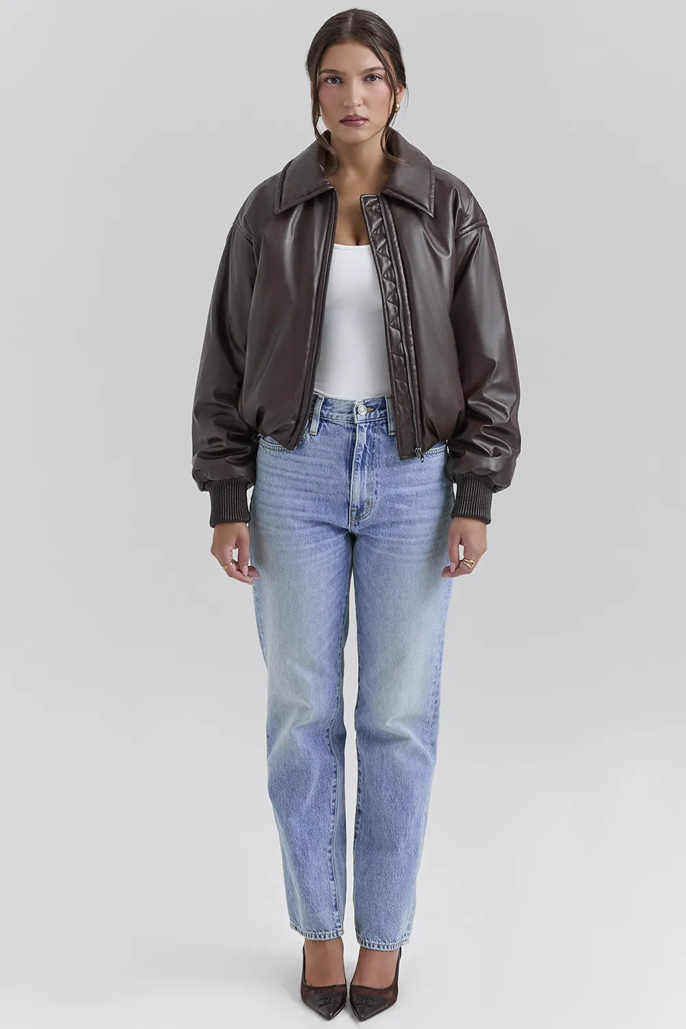 Sante Dark Brown Vegan Leather Bomber Jacket