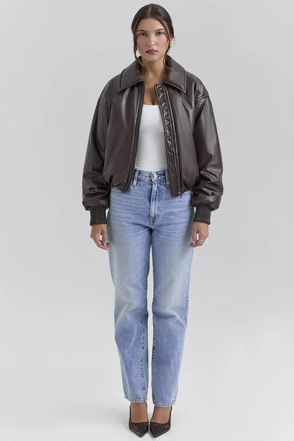 Sante Dark Brown Vegan Leather Bomber Jacket