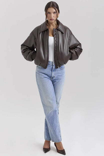 Sante Dark Brown Vegan Leather Bomber Jacket